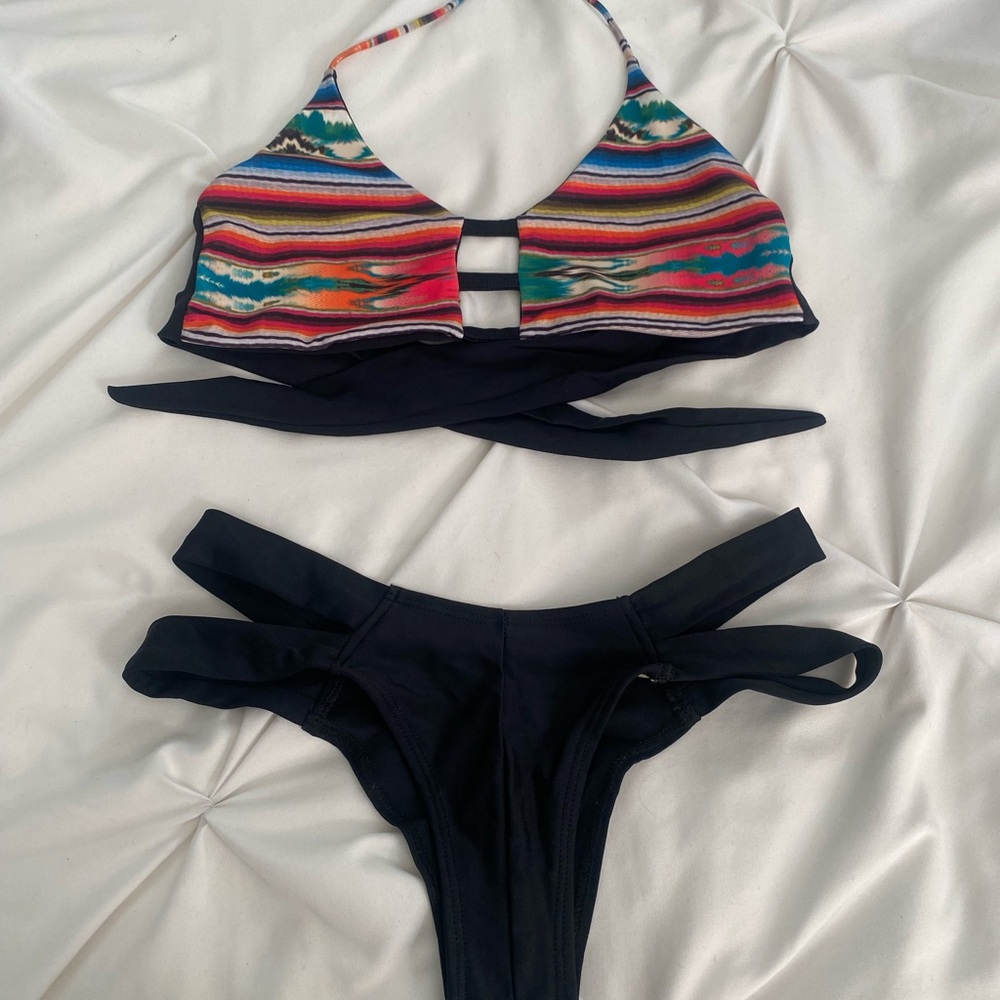 Montce Multicolor Striped Halter Bikini Top with Black Cutout Bottoms